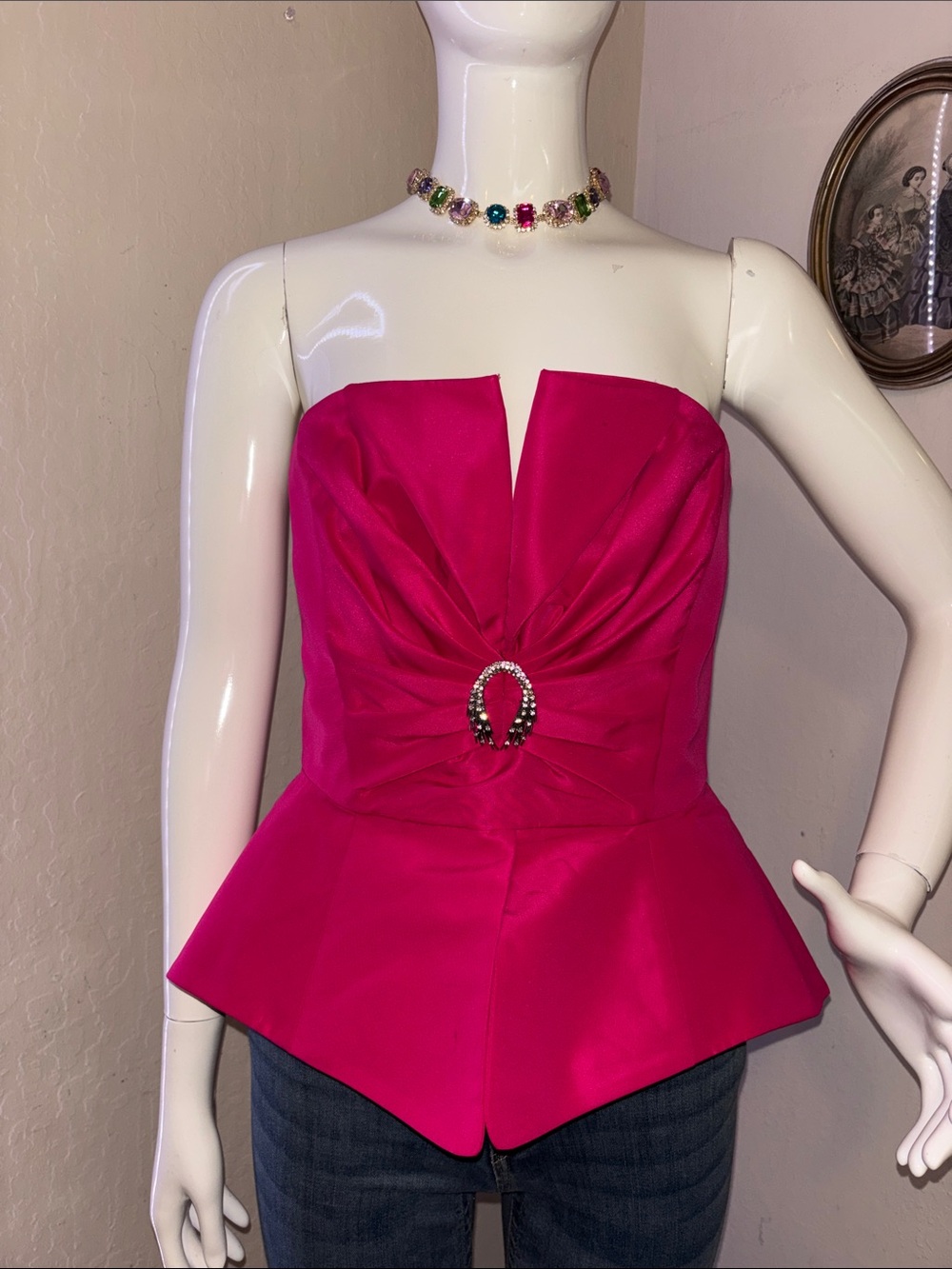 Zara Fuchsia Strapless Peplum Top with Jeweled Detail